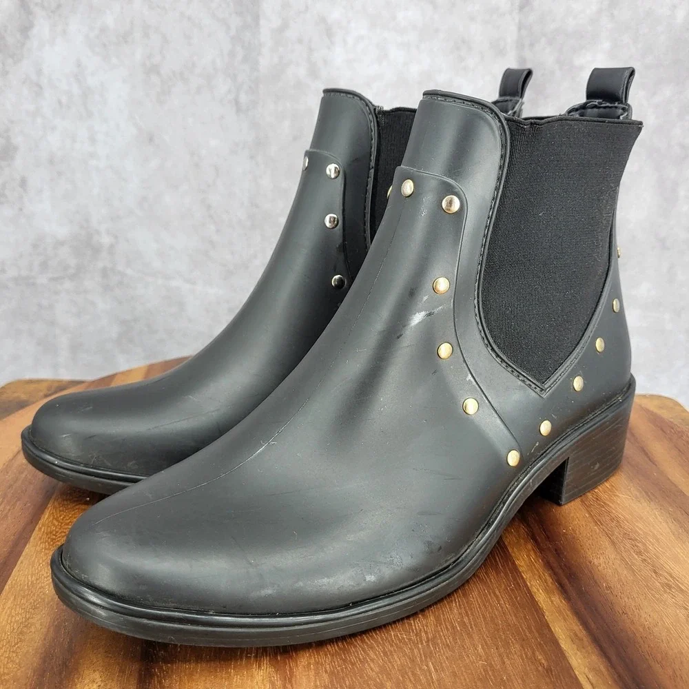 Kate Spade Chelsea Rain Boots‎ Womens 10 / 11 Black Gold Studded Water Resistant